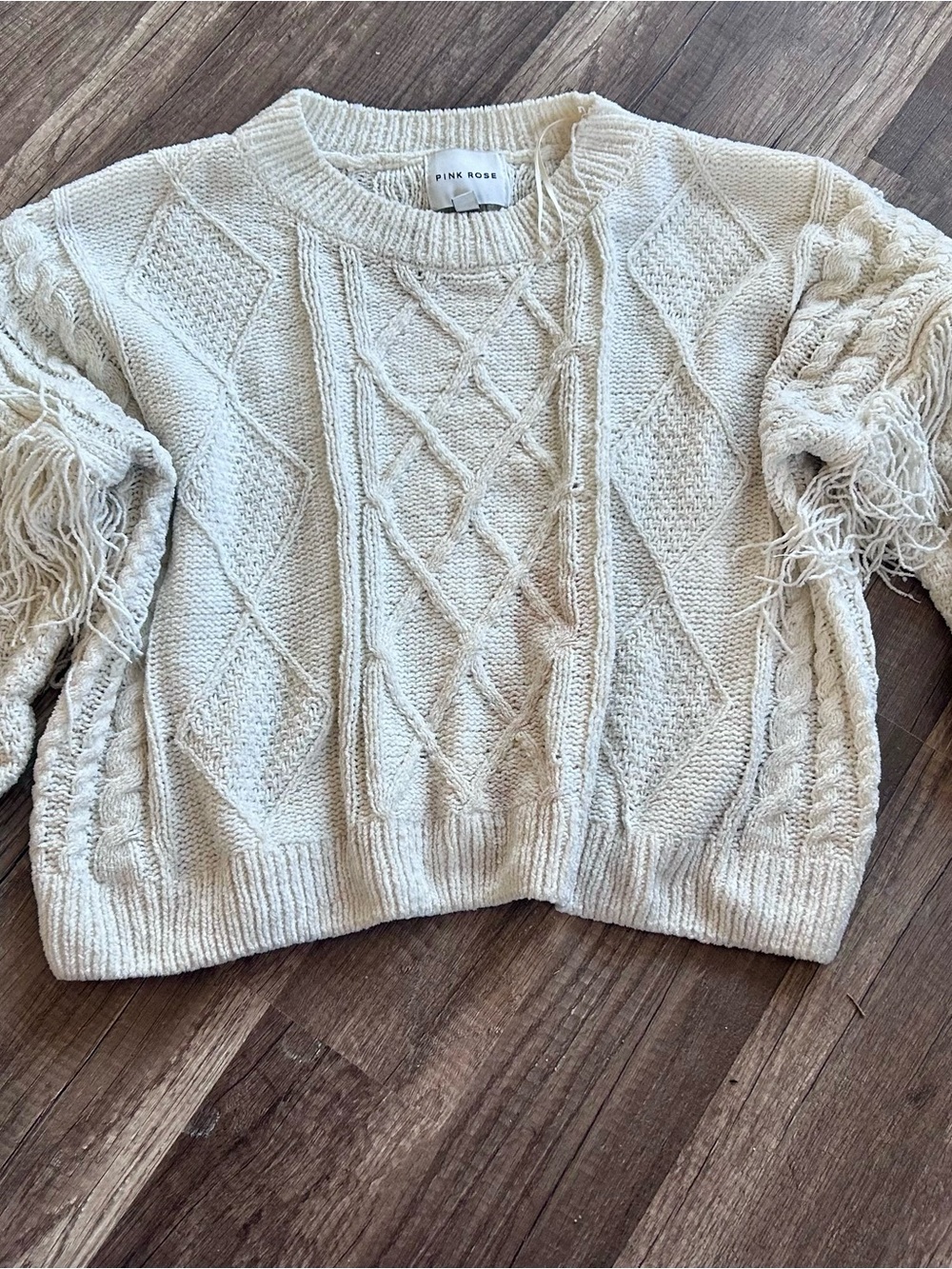 Pink Rose Cream Cable Knit Fringe Cropped Sweater